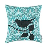 CaliTime Canvas Throw Pillow Cover Case for Couch Sofa Home Decor, Cartoon Shadow Bird Branch Geometric 18 X 18 Inches Black Teal