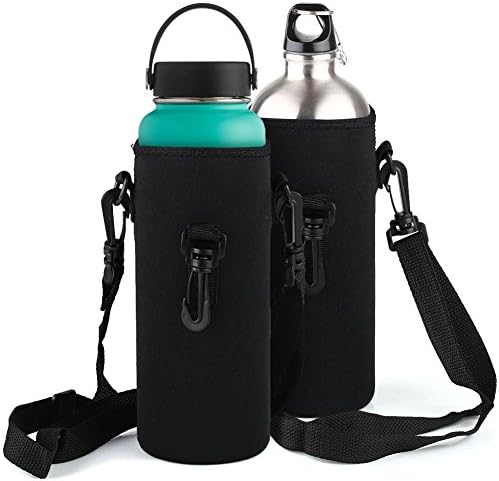 Water Bottle Carrier | 4pcs 1L/34oz Capacity Insulated Neoprene Water Bottle Holder with Adjustable Shoulder Strap | Sporty Water Bottle Pouch Cover for Walking Running Cycling | Black | 1583.03