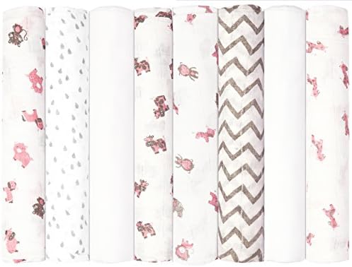 Babykin Organic Cotton Muslin Swaddle Blankets, Pink Animals, 8 Piece Pack
