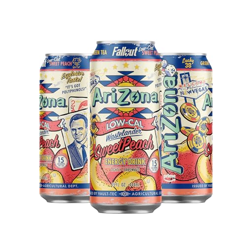 ARIZONA X FALLOUT LOW CALORIE SWEET PEACH GREEN TEA ENERGY DRINK, 15 FL OZ (PACK OF 12) – 190MG CAFFEINE PER CAN