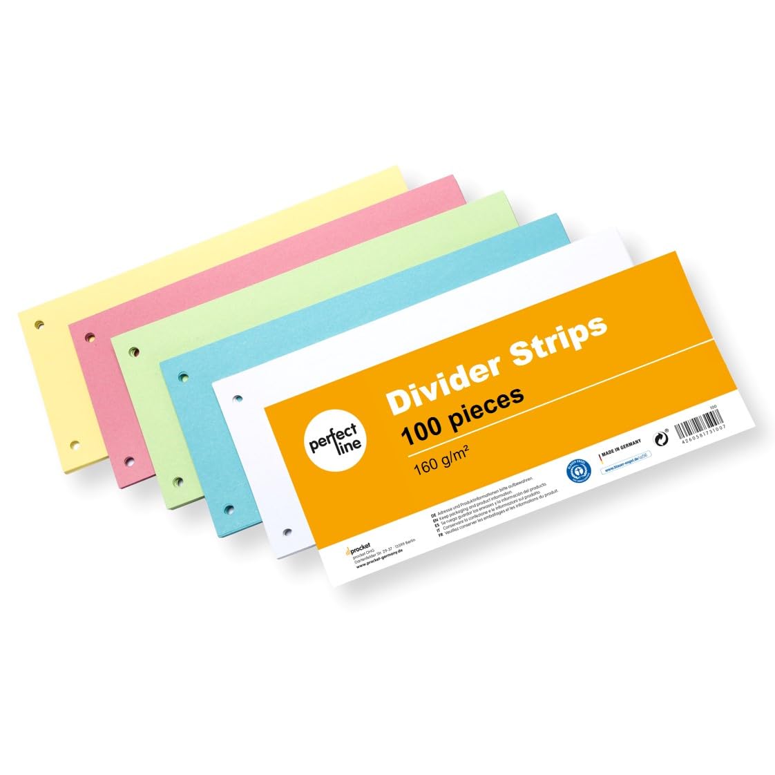 perfect line 100 Divider Strips for A4 folders, dividers for Ring Binders Made of Recycled Cardboard, Made in Germany, 5 Colours, Perforated
