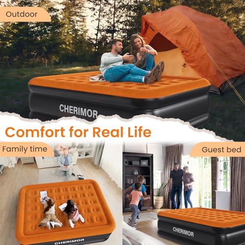 CHERIMOR Queen Air Mattress with Built-in Pump, Stable Edge Design, 48-Hour Leak-Tested Durable PVC, Supports up to 800 lbs, 3-Min Fast Inflation, Portable Inflatable Bed for Home Guests & Camping