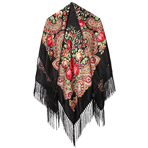 Traditional Ukrainian Scarf and wrap with Tassel Pavlovo Posad Shawl for Women (Black)