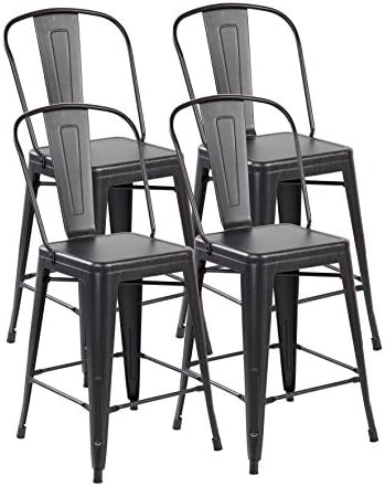 United Chair Tolix Style Metal Stackable Bistro Cafe Bar stools with Back Set of 4 Antique Black Brushing 3007-ABB-4