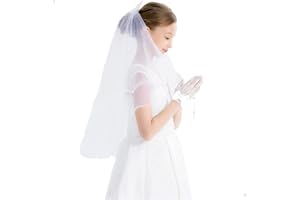 LIBSIT Girls First Communion Veil with Bow Holy White Rhinestone Lace Bow Communion Headband Vail Flower Girl Bow Wedding Kids Veils