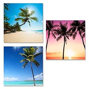 Canvas Wall Art Tropical Theme Sunshine Ocean and Beach Painting Artwork for Home Prints Framed - 12"x12"x3 Panels