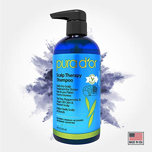 PURA D'OR Scalp Therapy Shampoo - Hydrates & Nourishes Scalp - Scalp Care Shampoo For Itchy Flaky Scalp w/Tea Tree, Peppermint, Patchouli, Cedarwood, Clary Sage, Argan Oil 16oz (Packaging may vary)