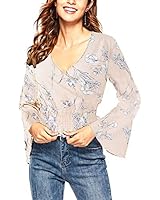 futurino Women's Chiffon Blouse Floral Print Elegant Shirt Long Loose Flounce Sleeve Top Shirts V Neck Tunic Shirt Beige
