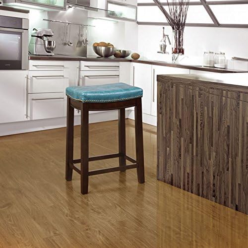 LinonClaridge Backless Counter Stool Blue Faux Leather Wood Frame in Dark Brown