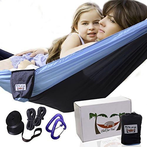 Camping Hammock +2 Alum Carabiners &amp; 2 Hanging Straps, Great for Hiking, Garden, Light Wight. Light Blue\Deep Green, Parachute Fabric.