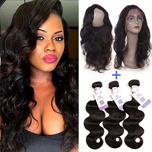 GEFINE 9A Pre Plucked 360 Lace Frontal with Bundles Brazilian Virgin Hair Body Wave Remy Human Hair 3 Bundles with Frontal Closure 360 Lace Band with Baby Hair Natural Color 14 16 18+14inch