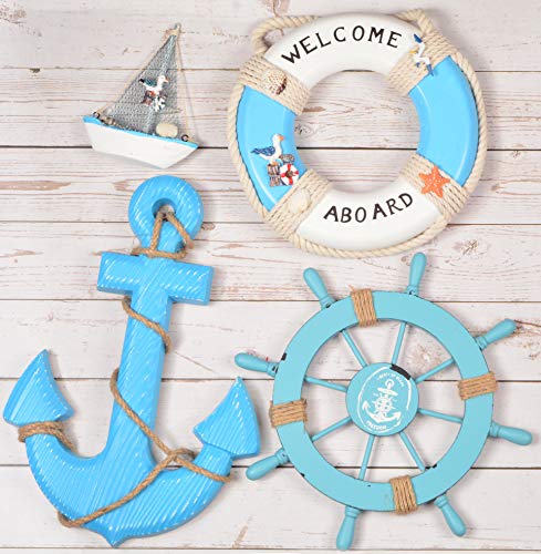 Wooden Nautical Lighthouse Anchor Wall Hanging Ornament, Beach Wooden Boat Ship Steering Wheel Wall Decor, Nautical Life…