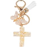 Kicomvi Resin Cross Keychain Butterfly Tassel Cross Keyring for Purse Wallet Bag Backpack Accessories