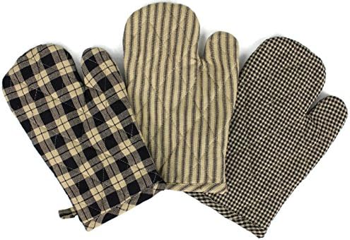 Rustic CovenantWoven Cotton Farmhouse Oven Mitts, Set of 3, 7 inches x 10.5 inches, Antique Black/Natural Tan