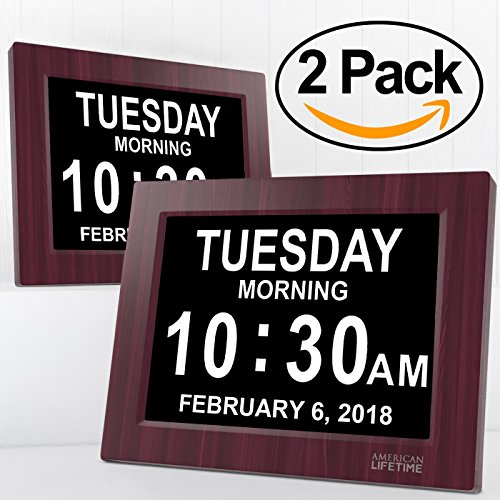 American Lifetime [Newest Version] Day Clock - Extra Large Impaired Vision Digital Clock with Battery Backup & 5 Alarm Options (Mahogany - 2 Pack)