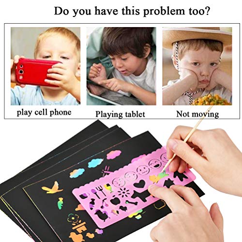 YANSHON 100 Piece Rainbow Magic Scratch Paper, Black Doodle Pad with Rainbow Background for Kids, Scratch Off Art Notes Boards with 10 Wooden Stylus and 4 Drawing Stencils