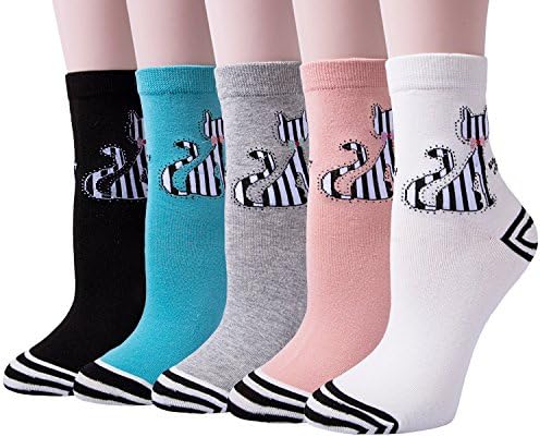 Pack of 5 Women Girls Fun Cats Cartoon Sweet Animal Pattern Cotton Crew Floor Socks