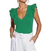 Ezbelle Women's V Neck Bodysuit Tops Ruffle Sleeveless Shirts Ribbed Knit Sexy Blouse Summer Tight Top Puff Blouse Trendy Work Fall Outfits 2024 Green M