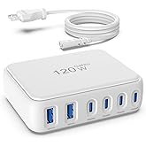 USB C Charger Block, 120W GaN 6 Port Fast Charging Station Hub for Multiple Devices, PD 3.0 USB Wall Charger Power Strip Adapter Compatible with All iPhone 17 iPad Samsung Android Pixel Series