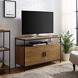 CAFFOZ Furniture Designs Entertainment Center TV Media Stand with Two Doors and Storage Shelves | Sturdy | Easy Assembly | Brown Oak Wood Look Accent Furniture with Metal Frame