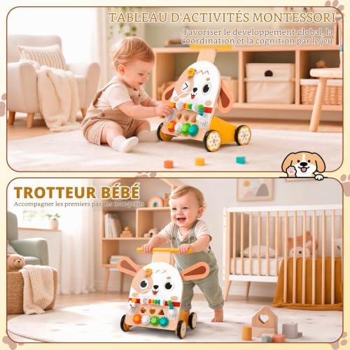Chariot de Marche Bois Chien Montessori 6-en-1, dès 3+ ans