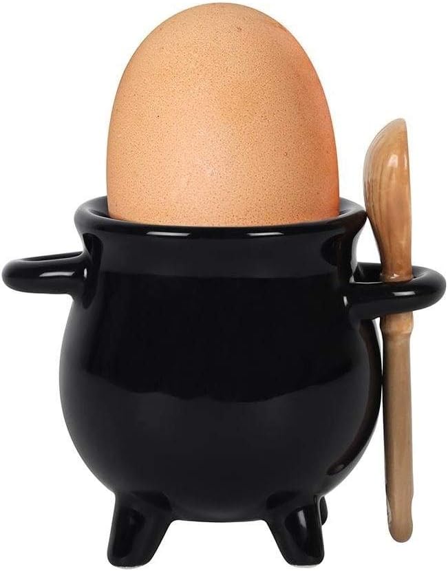 Something Different Adorable Black Cauldron Egg Cup with Broom Spoon, 6.5cm x 9cm x 6.5cm (1 Pc.), Witchy