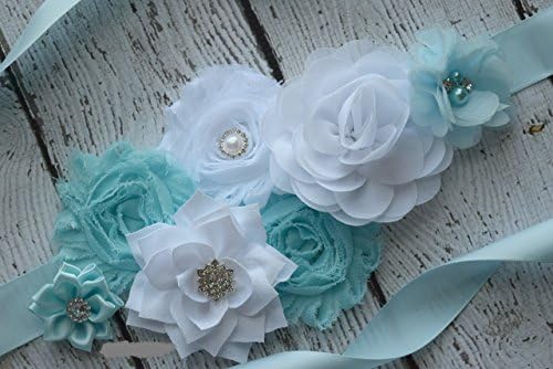 Flower Sash, Maternity sash belt, baby blue white Sash , sash, flower Belt, maternity sash, baby shower gift ,Sash