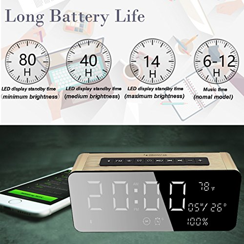 Orionstar Wireless Bluetooth Alarm Clock Radio Speaker with HD Sound & Big Digital Screen Compatible with iPhone/Android/PC4/Aux/Micro SD/TF/USB for Bedroom Office Model A10 Gold with Wall Charger - Thumbnail 5