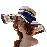 Vbiger Beach Hat Straw Hat Wide Brim Hat Bowknot Mixed-color Stripe Floppy Hats