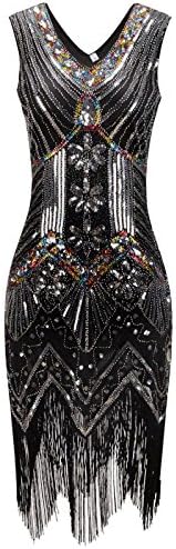 DITTMURI Women 1920s Gastby Dress V Neck Sequined Embellished Fringed Flapper Pencil Dress Black