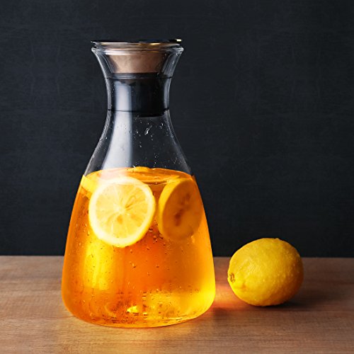 JIAQI 51 Ounces Water Drip-free Carafe with Stainless Steel Flow Lid, Borosilicate Glass Water Pitcher for Hot/Cold Water, Coffee, Ice Tea,Juice Beverage,Decanting and Serving Wine(FREE Brush+Coaster)