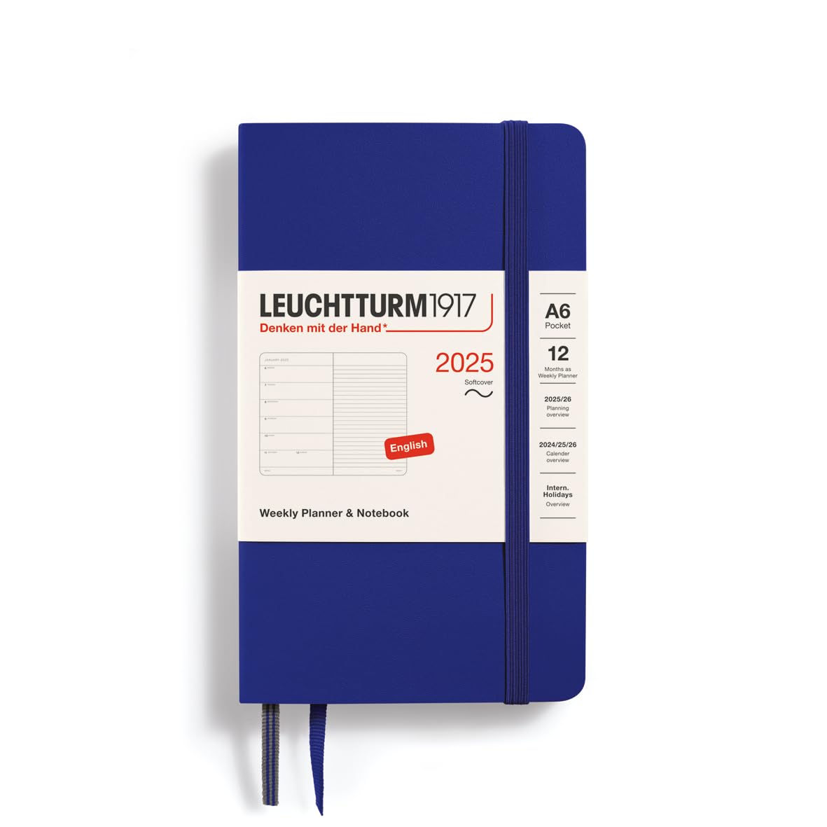 LEUCHTTURM1917 370767 Weekly Calendar & Notebook 2025, Pocket A6 Softcover - 12-Month Planner, Lined - Ink, English