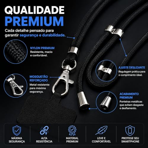 Cordão Corda Alça De Pescoço Para Celular Ajustável Universal Salva Celular Nylon Resistente Mosquetão Premium Transversal Tiracolo Crossbody Compatível Com Capinha Smartphone Chaveiro