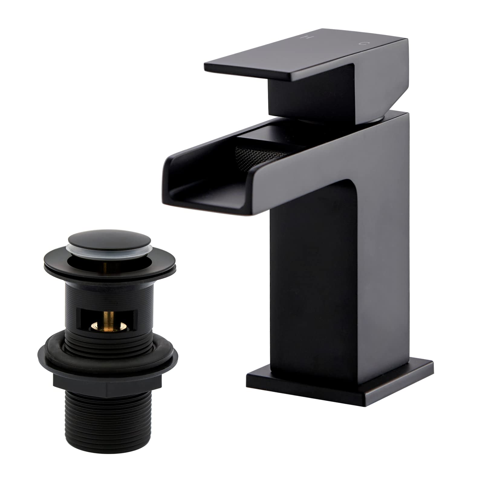BATHWEST Monobloc Brass Basin Taps with Pop Up Waste and Sink Plug - Matte Black Waterfall Square Basin Mixer with Drain - 612AMBK — image 1