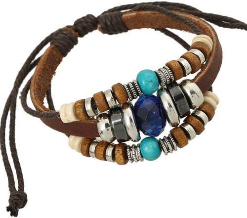 MyTime Bracelet New Trendy Ladies Genuine Leather Bracelets Luxury Blue CZ Diamond Sapphire Jewelry Wood Metal Beaded Strand Bracelet