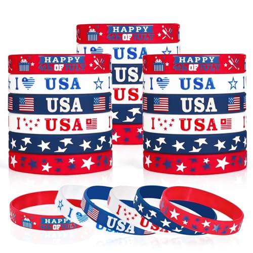 4th of July Party Favors Rubber Bracelets 30PCS USA American Flag Red White and Blue Silicone Wristbands for Kids Independence Day Party Fourth of July Patriotic Classroom Prizes Gifts Accessories