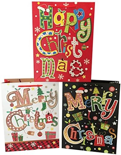 Premium, Sparkly Gift Bags For Wrapping - Set Of 3 Large Christmas Bags - Large 13" x 10" x 3.5" Colorful, Glittery And Fun, Premium Quality, Extra Sturdy Christmas Gift Bags