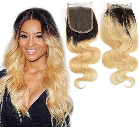 4x4 Free Part Ombre Blonde 1 Piece Closure 100% Brazilian Virgin Hair Body Wave Swiss Lace Closure with Baby Hair #1b/613 (14 inch)