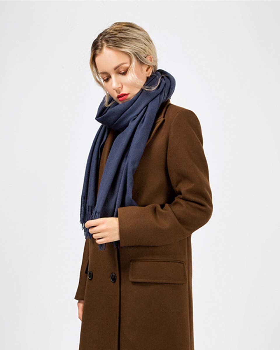 EVRFELAN Women Winter Warm Scarf Soft Cashmere Fringe Tassel Pashmina Pure Color Shawl Stole Wrap (Navy blue)