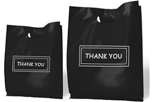 MelonArt Thank You Bags for Small Business, 200pcs Black Plastic Retail Bags Merchandise Bags with Handles Bulk Large Reusable Shopping Boutique Bags 8x12 and 12x15 for Stores Clothes Supplies(Black)