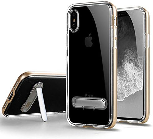 OWIKAR iPhone X Case, Crystal Clear Hard Ultra Slim Fit Anti Scratch Bumper with Magnetic Metal Kickstand Protective Case Cover for Apple iPhone X (Gold)