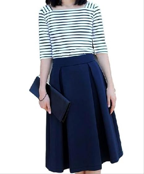 Amazon 秋 冬 ビンテージ ハイウエスト プリーツ フレアスカート シルク ドレス S ネイビー スカート 通販