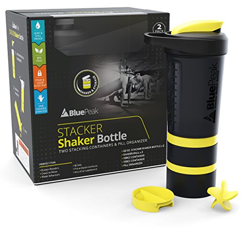 BluePeak Stacker Protein Shaker Bottle 22-Ounce, 2-Pack ProStak. Attachable Storage Containers (100 & 150cc) and Pill Tray Included. BPA Free (Black &Yellow)