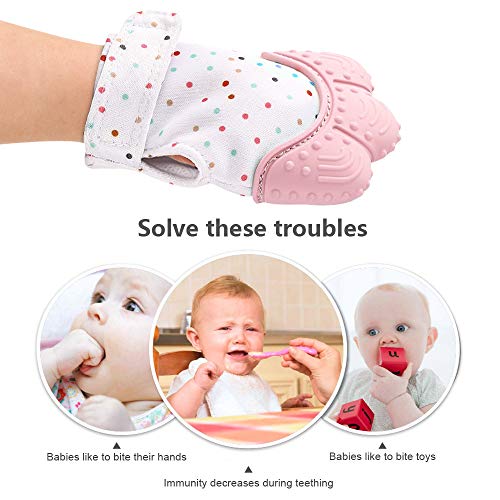 Huifen Baby Soothing Teething Mitten, Self-Soothing Pain Relief Mitt Stimulating Teether Toy, Original Silicone Teether Mitten Glove for Babies, Toddlers, Infants, Boy and Girl (2Pack, Pink) - Thumbnail 2