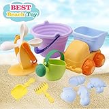 Beach Toys Set for Kids Toddlers Baby Sand Toys for Girls Boys, Soft 10 Pieces Pool Toy Set with Mesh Bag Truck Bucket Watering Can Water Whee Shovels Rakes,Fish Crab Sand Molds (10 Pieces Beach Toy)