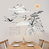 LiveGallery Removable Chinese Ink Landscape Painting Black Tree Flying Crane Sun Lettering Wall Decal Decor DIY home art Decor Stickers Offices Wall Decorations Stickers Nursery Gilrs Room Decal