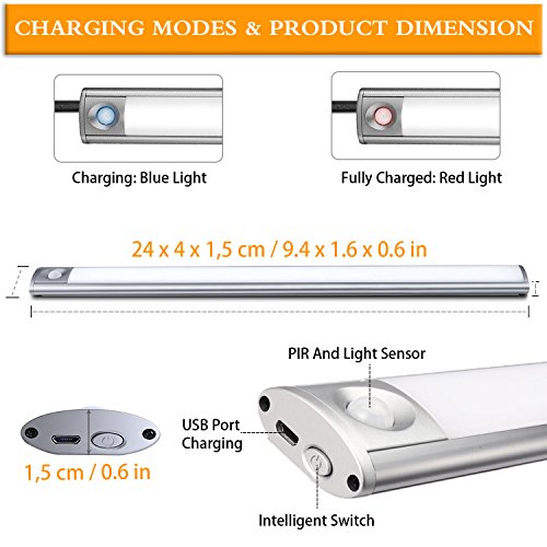 Motion Sensor Light Wireless 33-LED Build 240mm Bar USB Rechargeable Battery 3M Magnetic Tape 4 Modes Portable DIY Stick-on Anywhere Night Light Cabinet/Closet/Wardrobe/Stairs/Step Light (Warm White)