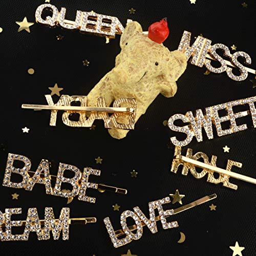 8 PCS Gold Word Letter Hair Clip Hair Pins Sparkling Bling Crystal Rhinestones Barrettes Metal Alligator Bobby Hairpins Handmade Hair Jewelry
