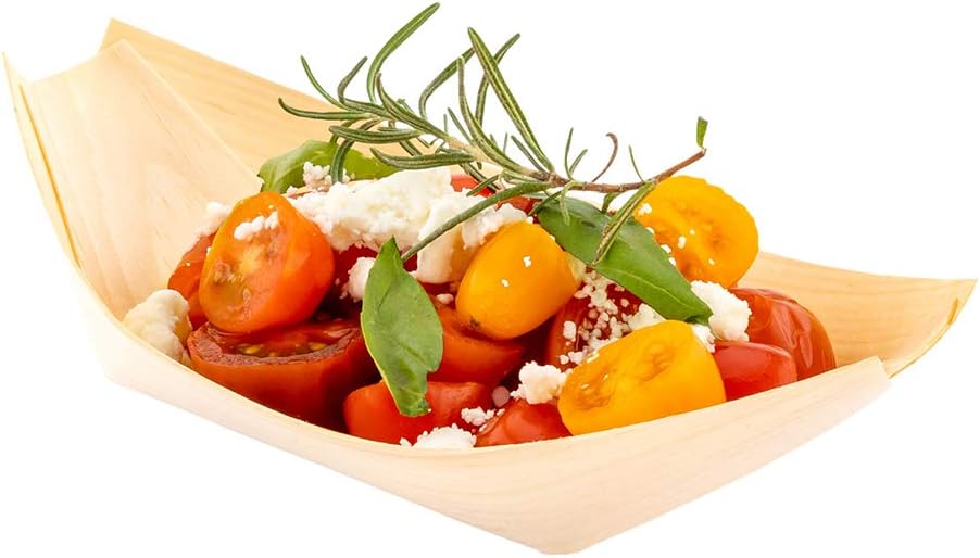 Medium Disposable Wood Serving Boats - Natural Pinewood Take Out Trays: Perfect for Restaurants, Caterers and Food Trucks - 6.0