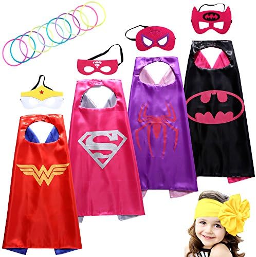 Supermami Superhero Costume Girl Cape and Mask set of 4 with Silicone Glow Bracelet and Hair Band